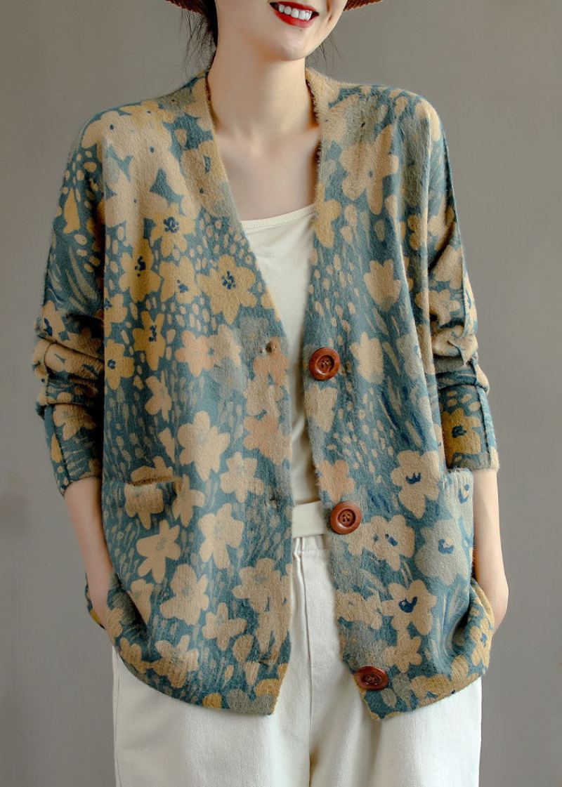 Cardigan Tricoté En Poils De Vison Bleu Clair Col En V Imprimé Printemps - Bleu Clair