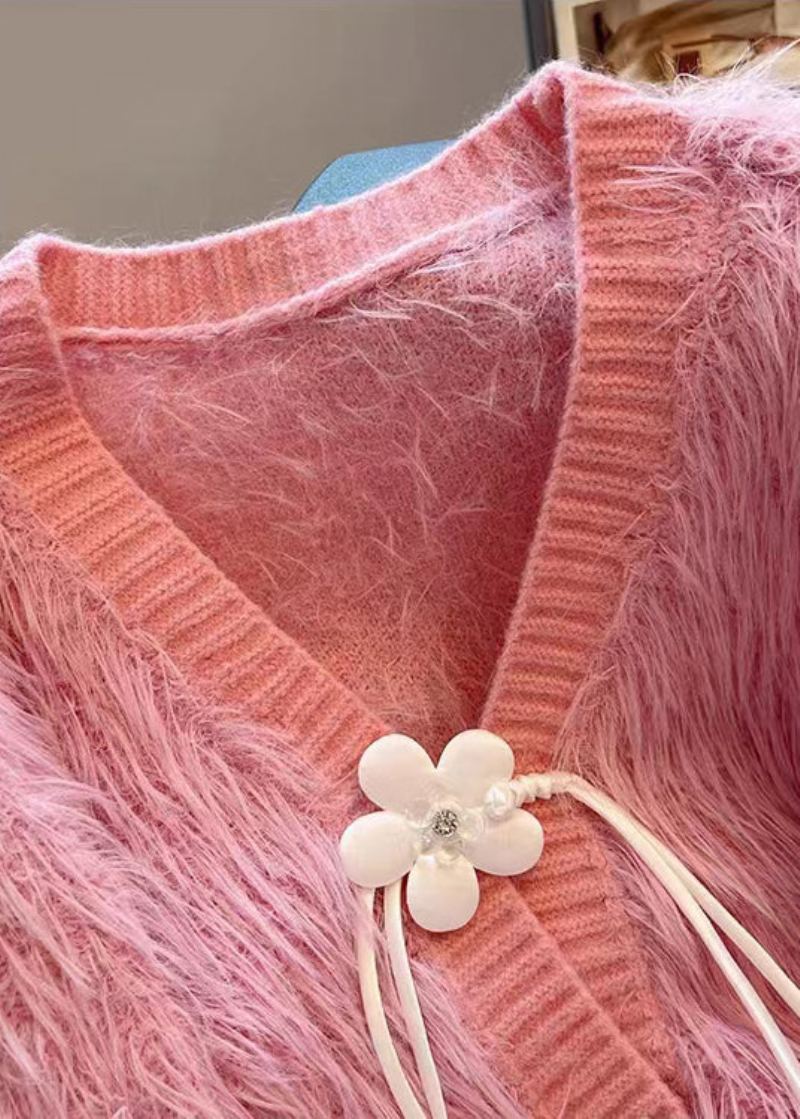 Cardigan Tricoté En Poils De Vison Rose Col En V Pompon Automne - Cardigans femmes