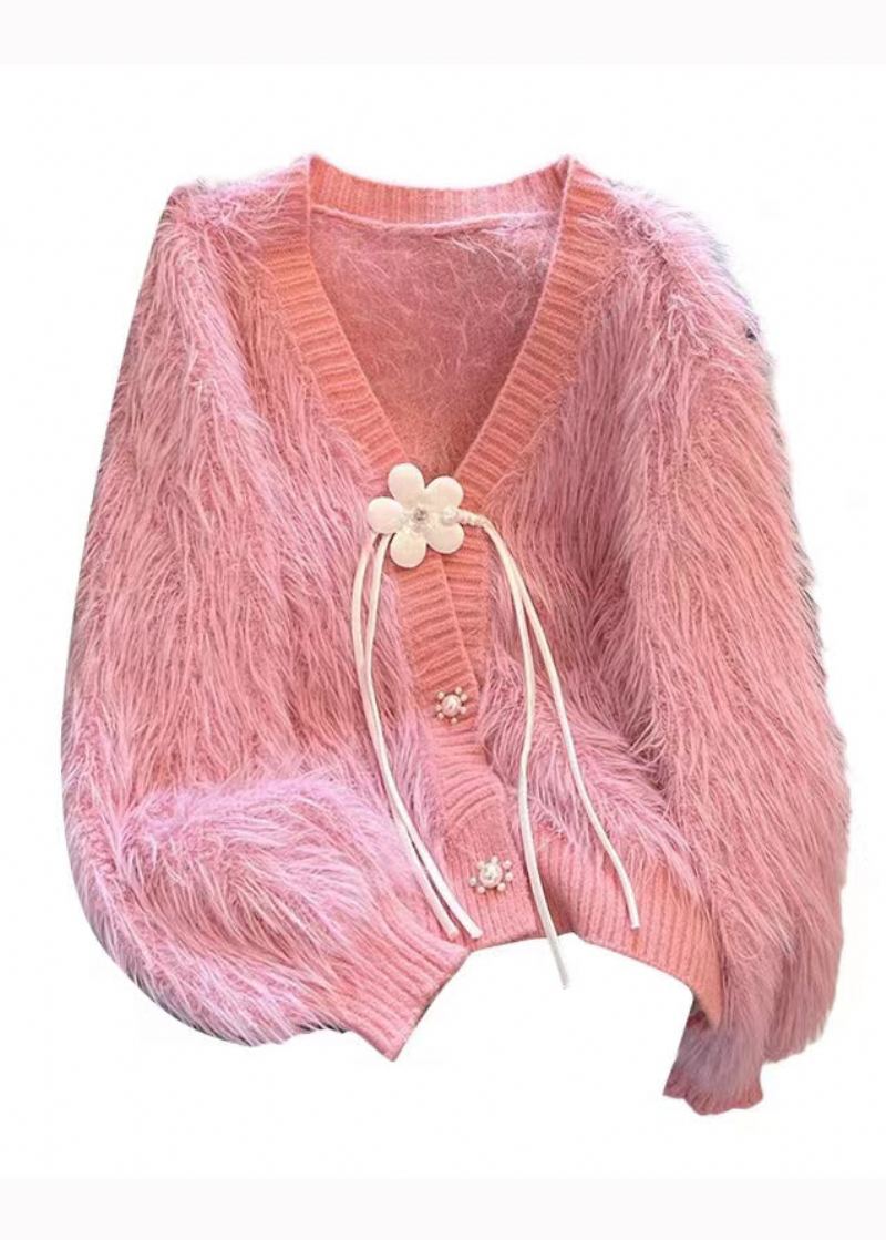 Cardigan Tricoté En Poils De Vison Rose Col En V Pompon Automne - Cardigans femmes