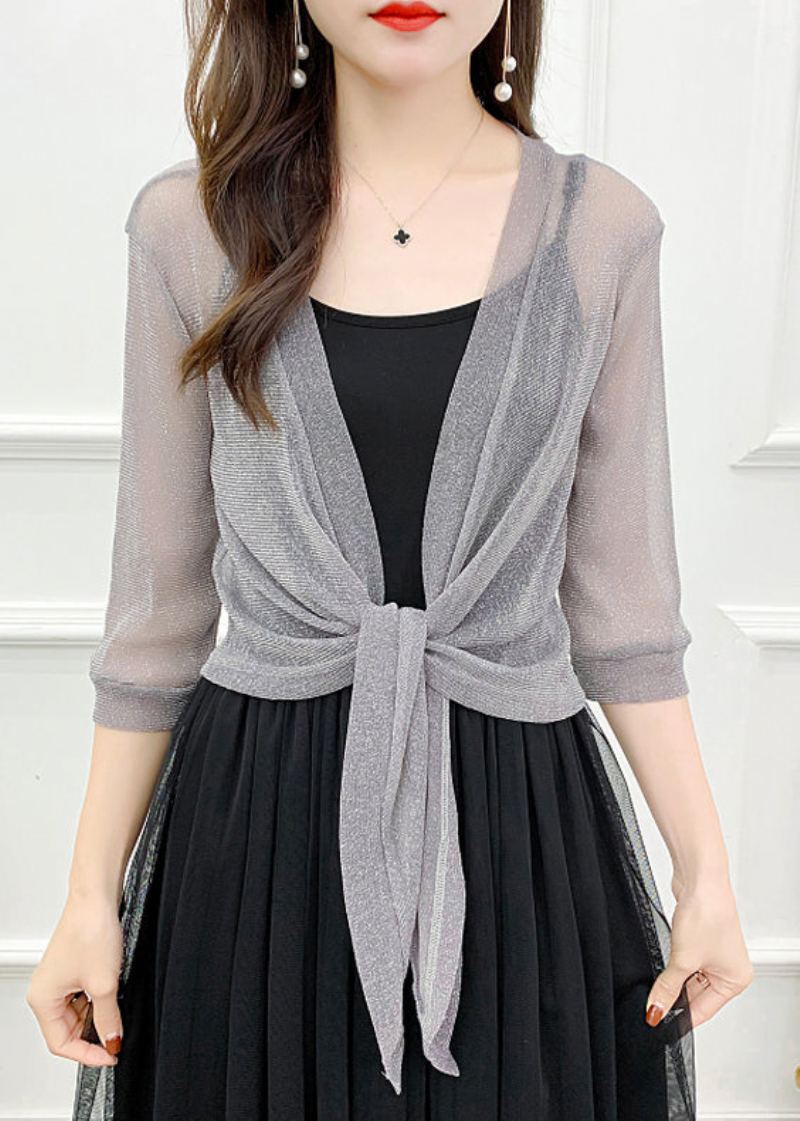 Cardigan En Tulle Gris À Lacets Col En V Demi-manches - Cardigans femmes