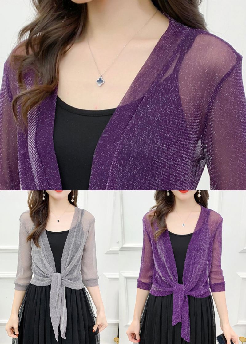 Cardigan En Tulle Gris À Lacets Col En V Demi-manches - Cardigans femmes