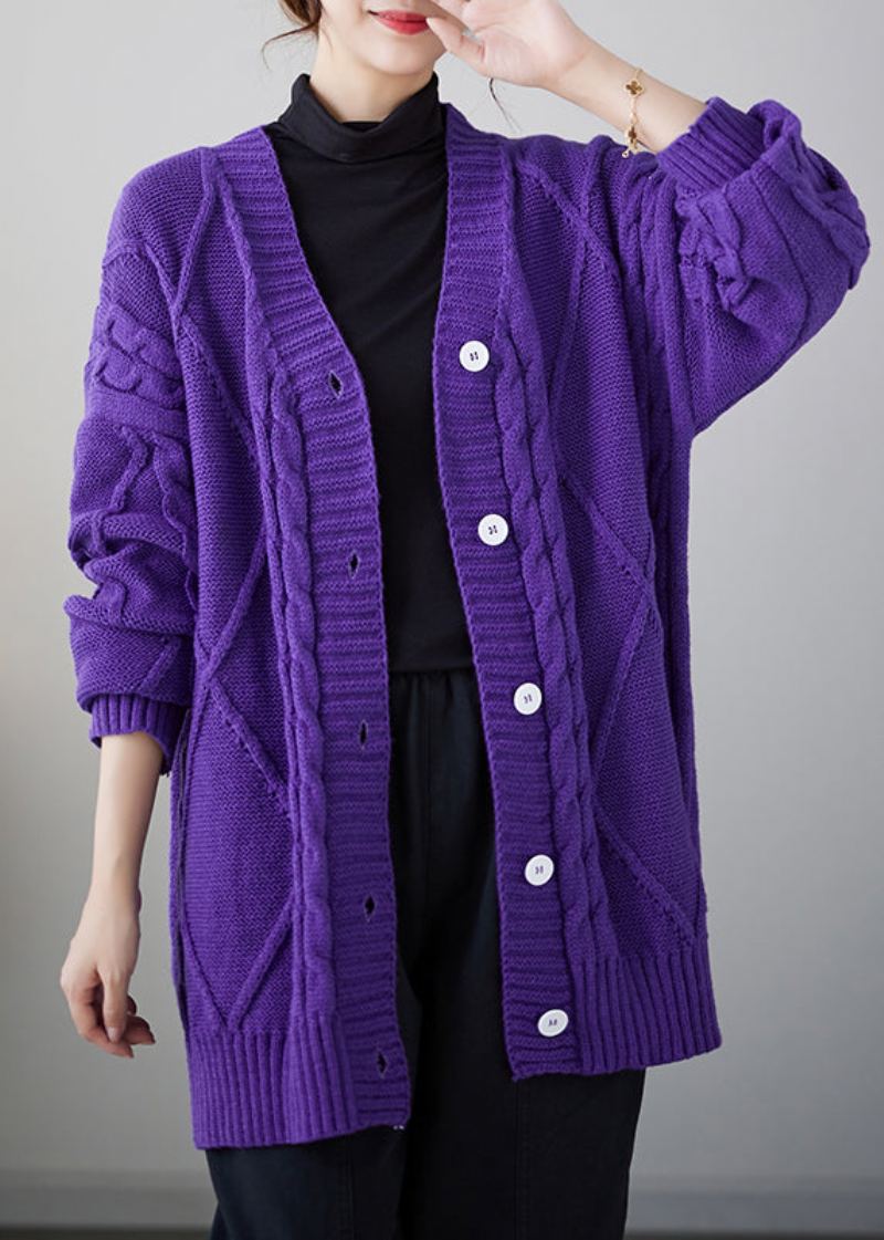 Cardigan Violet Confortable En Tricot Épais À Boutons Et Col En V Automne