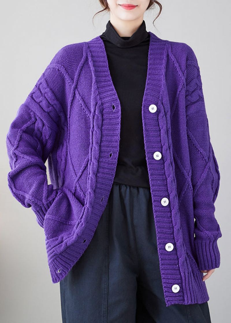 Cardigan Violet Confortable En Tricot Épais À Boutons Et Col En V Automne - Cardigans femmes