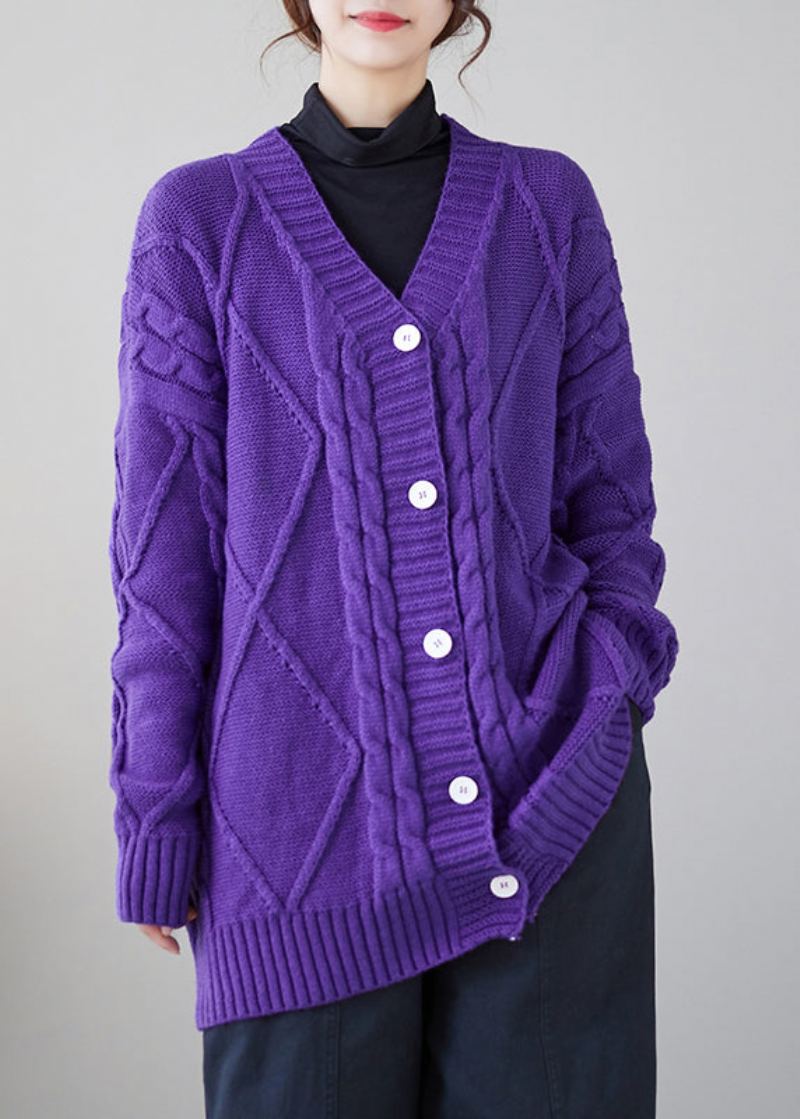 Cardigan Violet Confortable En Tricot Épais À Boutons Et Col En V Automne - Cardigans femmes