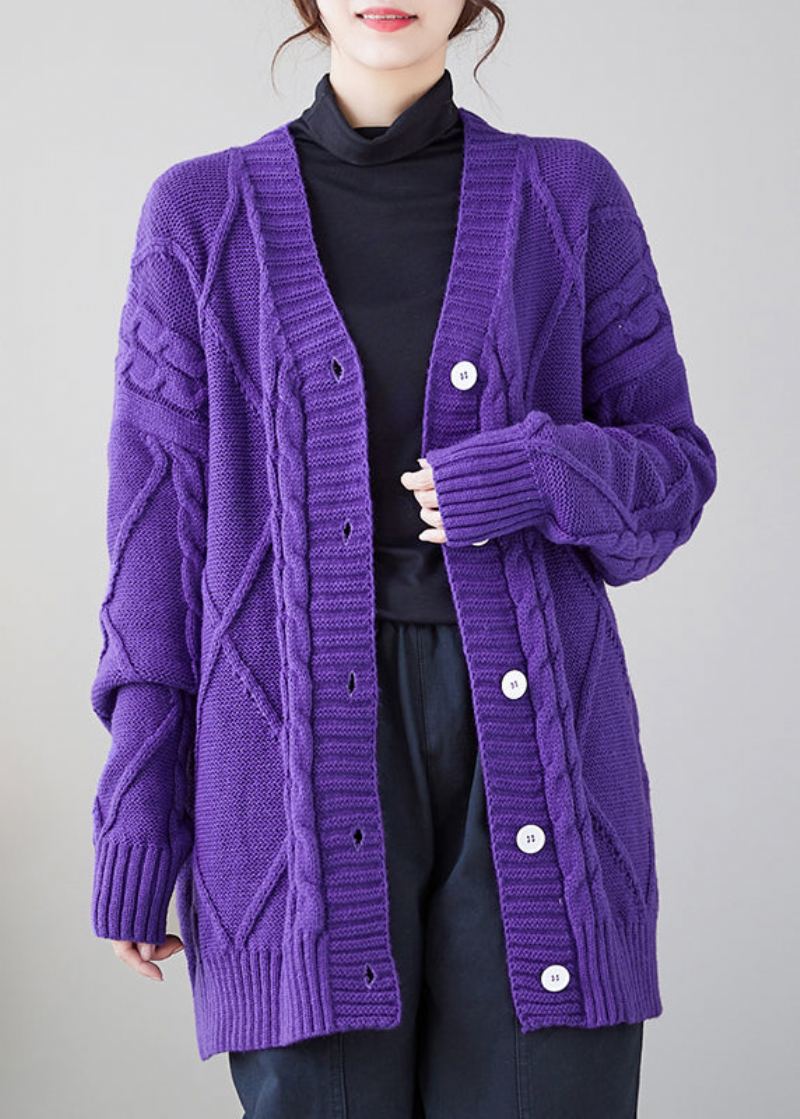 Cardigan Violet Confortable En Tricot Épais À Boutons Et Col En V Automne - Cardigans femmes