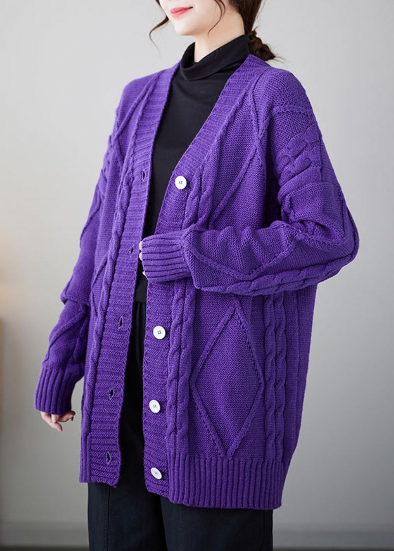 Cardigan Violet Confortable En Tricot Épais À Boutons Et Col En V Automne - Cardigans femmes