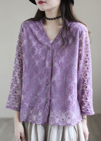 Cardigans Amples En Coton Patchwork Violet Ajouré À Manches Longues