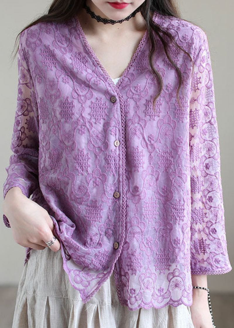 Cardigans Amples En Coton Patchwork Violet Ajouré À Manches Longues - Violet