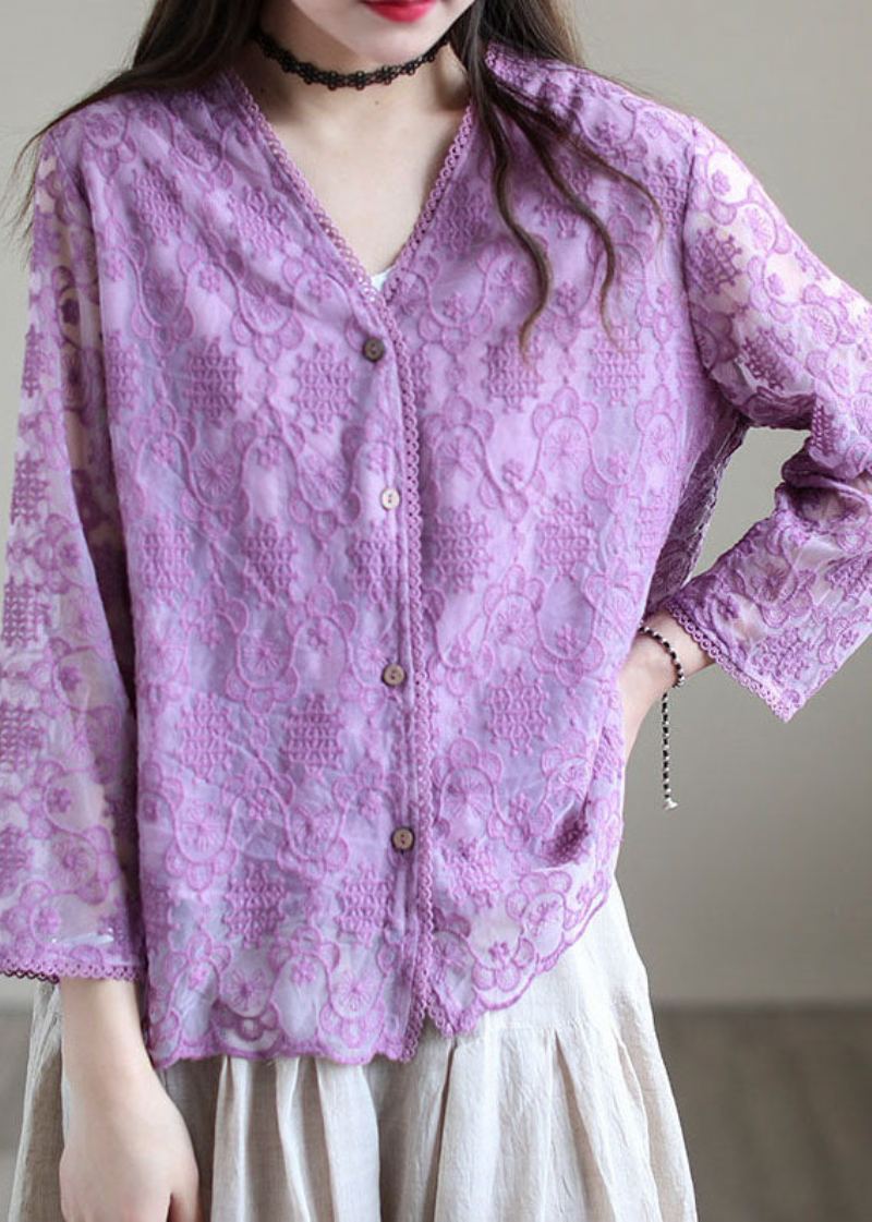 Cardigans Amples En Coton Patchwork Violet Ajouré À Manches Longues - Violet