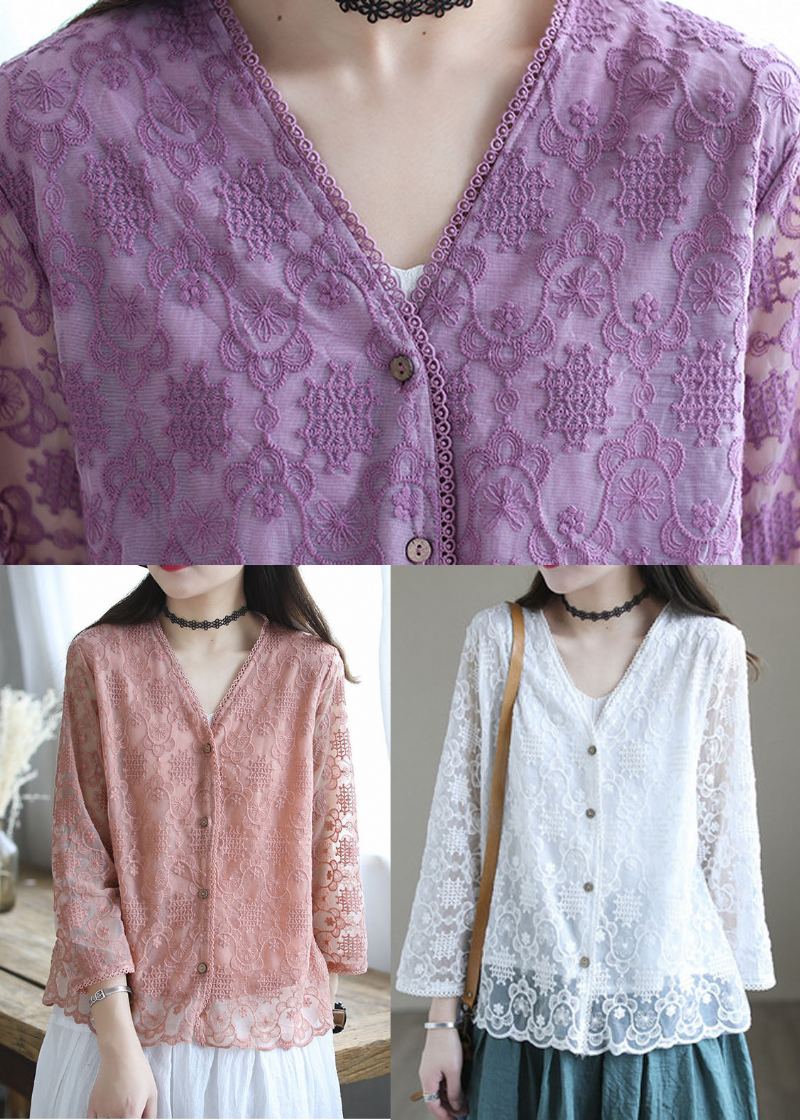 Cardigans Amples En Coton Patchwork Violet Ajouré À Manches Longues - Violet