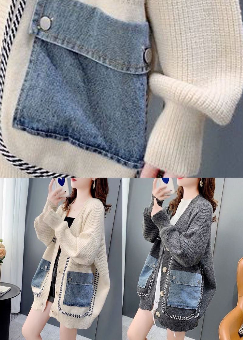 Cardigans Amples En Tricot Gris Patchwork Denim Poches À Col En V Hiver - Cardigans femmes