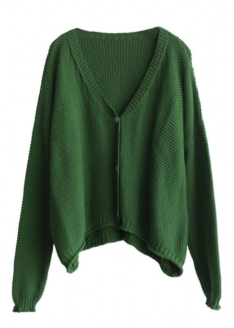 Cardigans Amples En Tricot Vert Pour Femmes Col En V Boutons Automne - Cardigans femmes