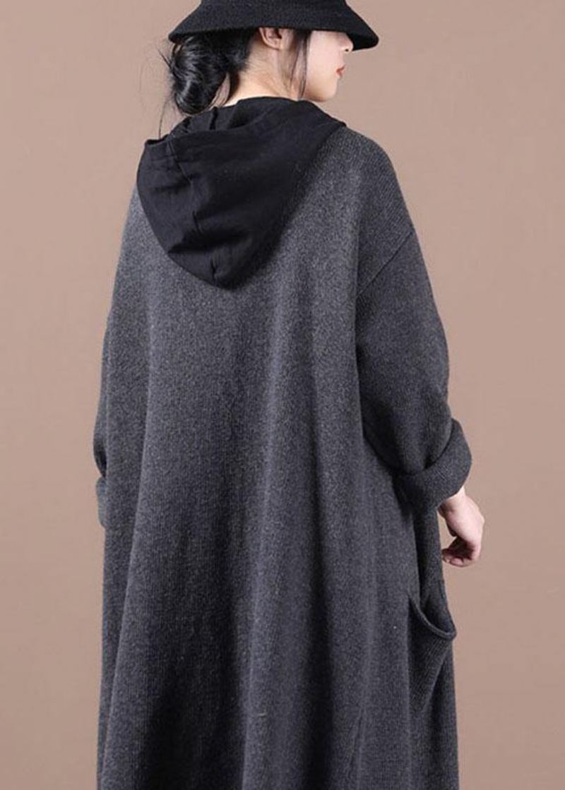 Cardigans D'automne Gris Foncé Biologique Ouvert Sur Le Côté Manteau Long - Gris Foncé