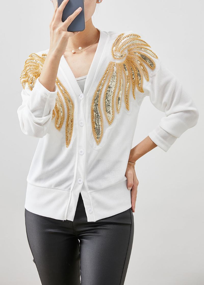 Cardigans En Coton Blanc Chaud Paillettes Perles À Ongles Automne - Cardigans femmes