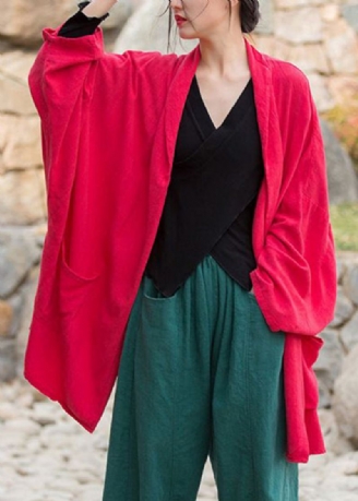 Cardigans En Coton Patchwork Rouge Col Montant Manches Longues