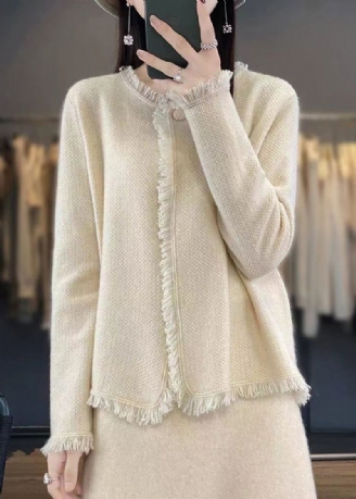 Cardigans En Coton Tricoté À Boutons Solides Pour Femmes Beige Printemps