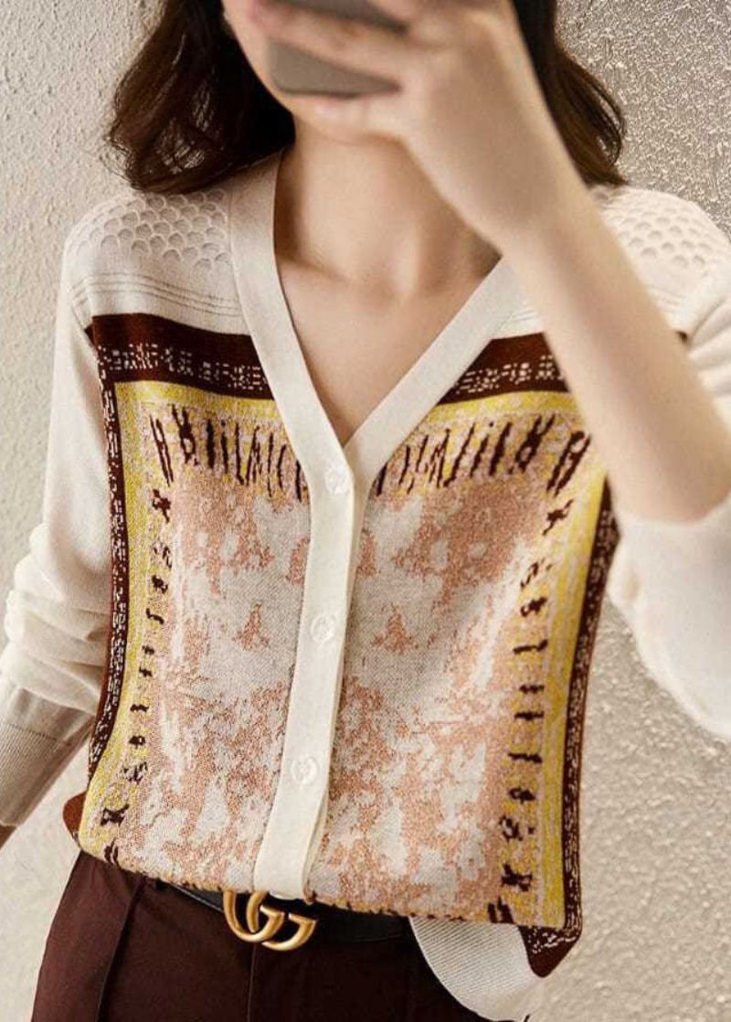 Cardigans Courts En Tricot Jacquard À Col En V Beige Style Manches Longues - Cardigans femmes