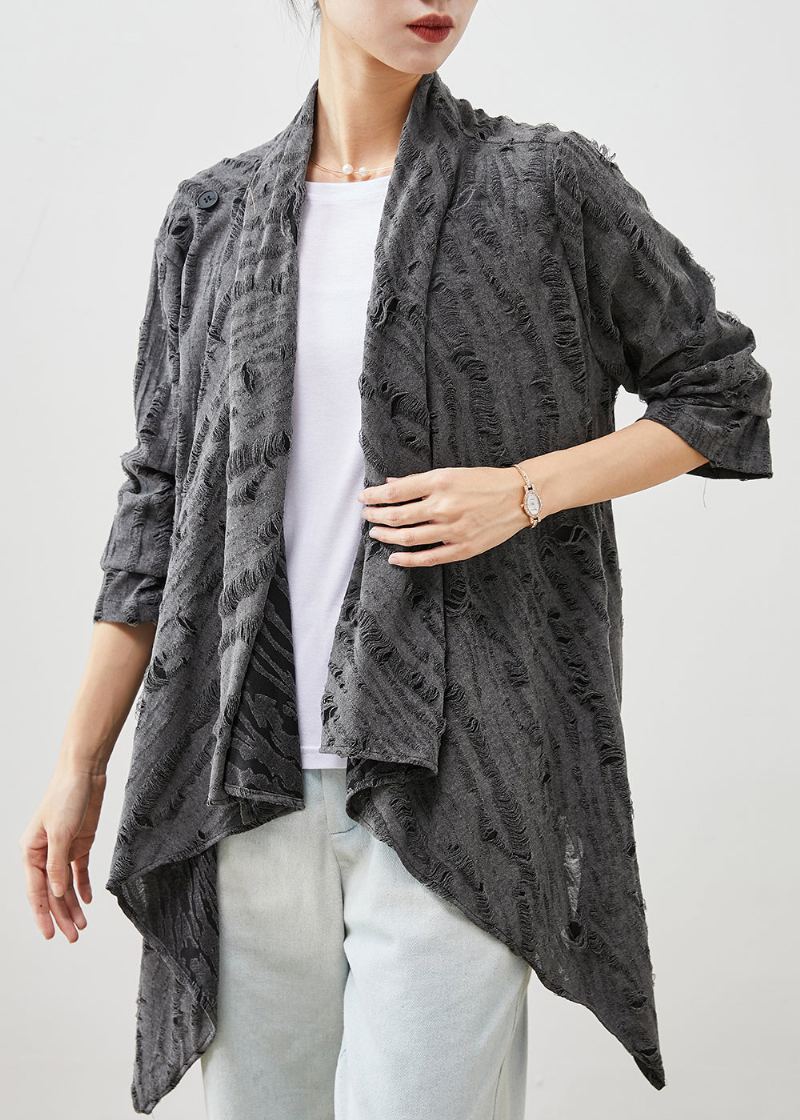 Cardigans Déchirés En Coton Asymétrique Gris Unique Printemps - Cardigans femmes