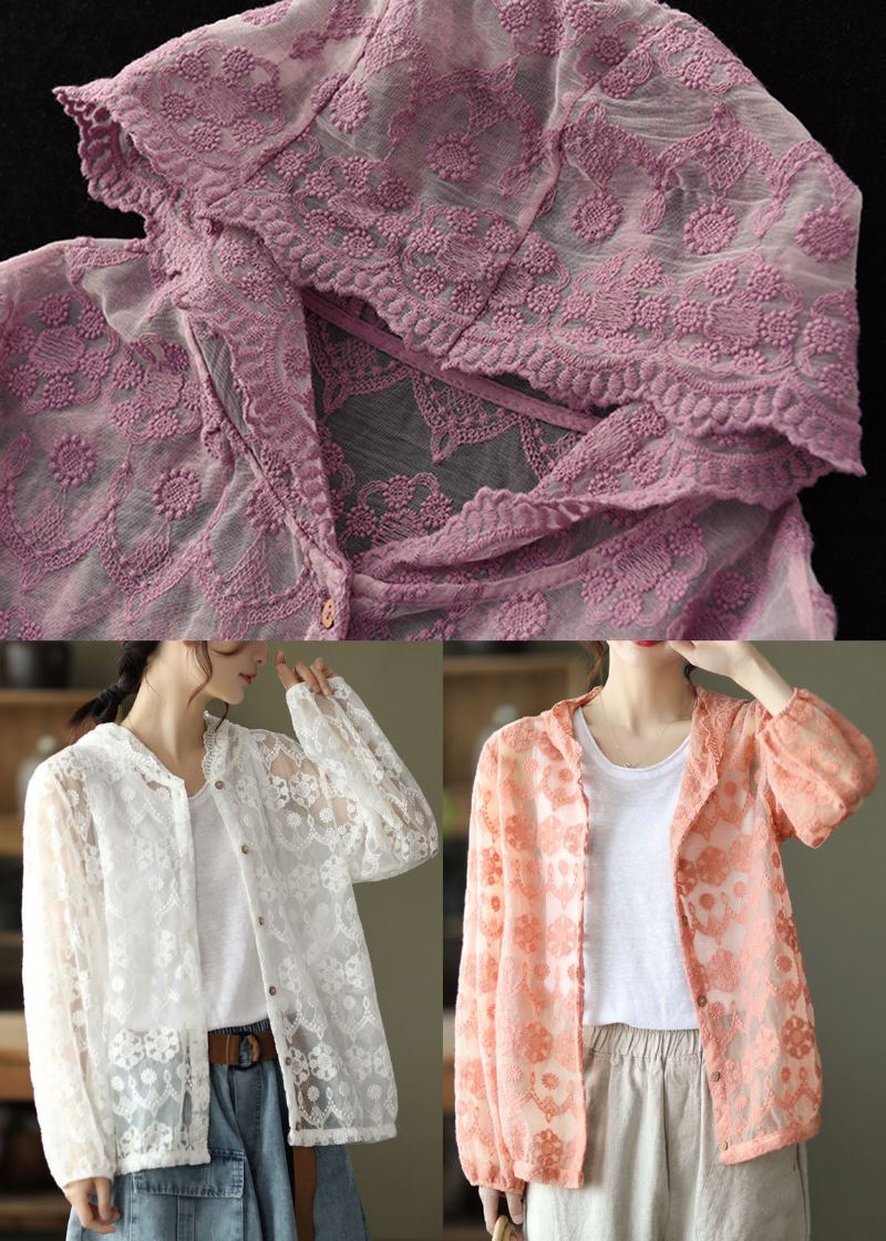 Cardigans En Dentelle Patchwork Brodé Rose Ample À Manches Longues - Rose