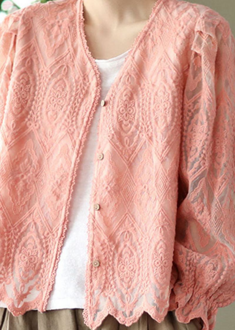 Cardigans En Dentelle Patchwork Rose Col En V Manches Évasées - Cardigans femmes