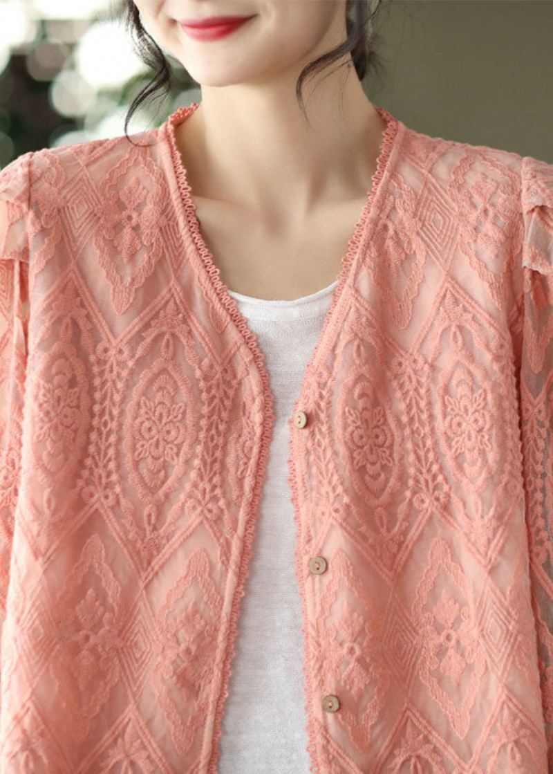 Cardigans En Dentelle Patchwork Rose Col En V Manches Évasées - Cardigans femmes