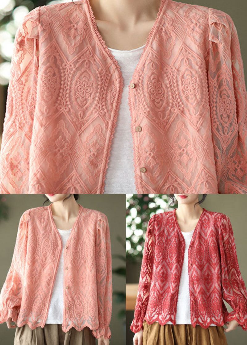 Cardigans En Dentelle Patchwork Rose Col En V Manches Évasées - Cardigans femmes