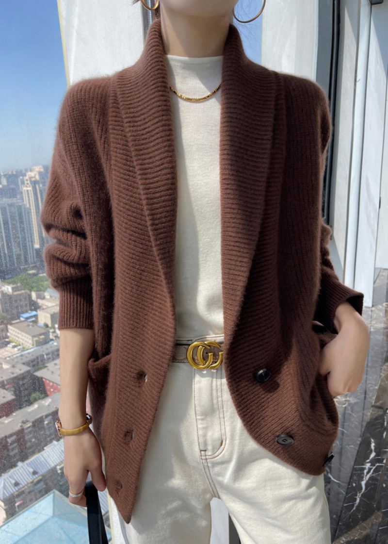 Cardigans En Laine Beige Italien Avec Poches Et Boutons Manteau D'automne - Cardigans femmes