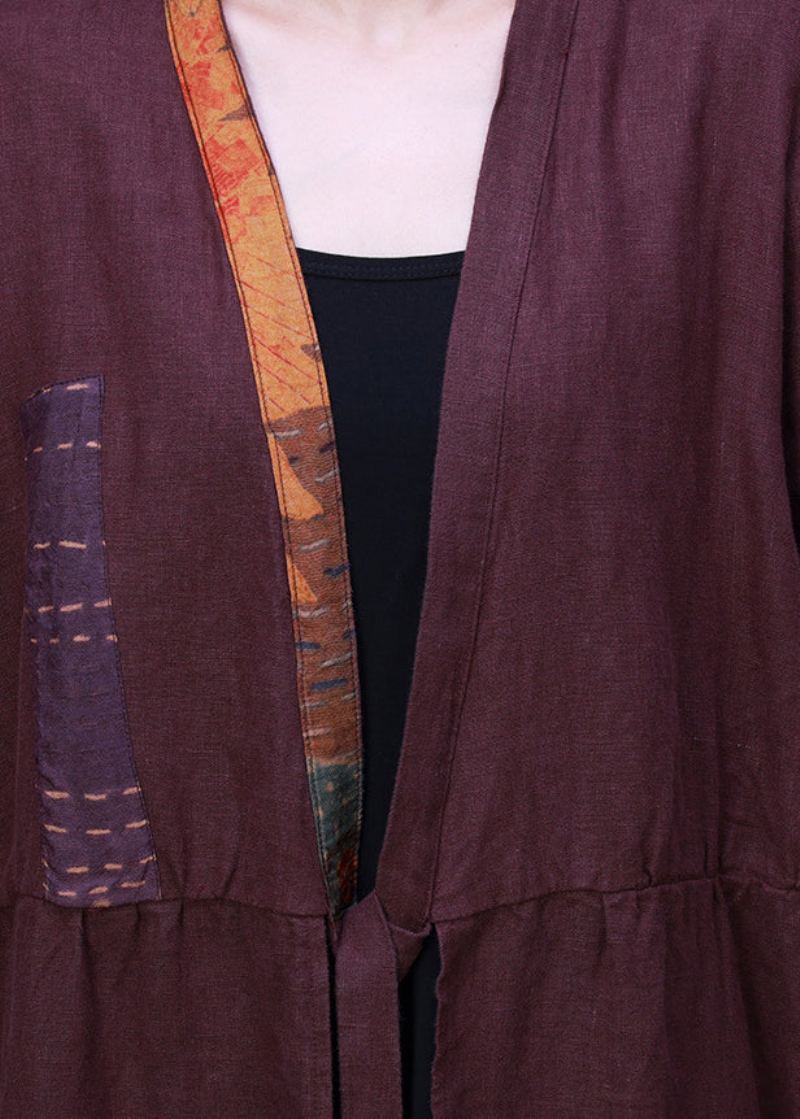 Cardigans En Lin Violet Faits À La Main Col En V Brodé Patchwork Cravate À La Taille Demi-manches - Cardigans femmes