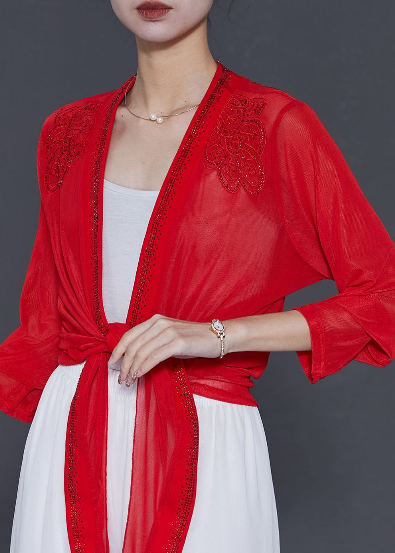 Cardigans En Mousseline De Soie Rouge Brodé Zircon Été