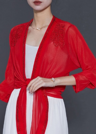 Cardigans En Mousseline De Soie Rouge Brodé Zircon Été