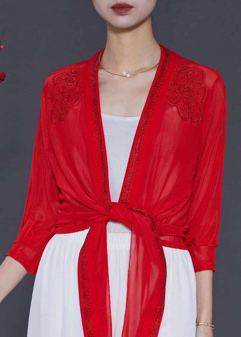 Cardigans En Mousseline De Soie Rouge Brodé Zircon Été - Cardigans femmes