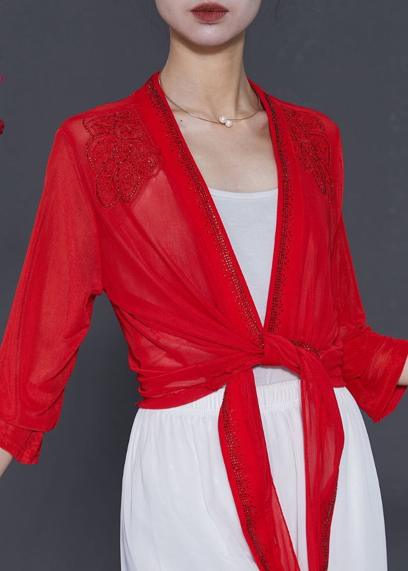 Cardigans En Mousseline De Soie Rouge Brodé Zircon Été - Cardigans femmes