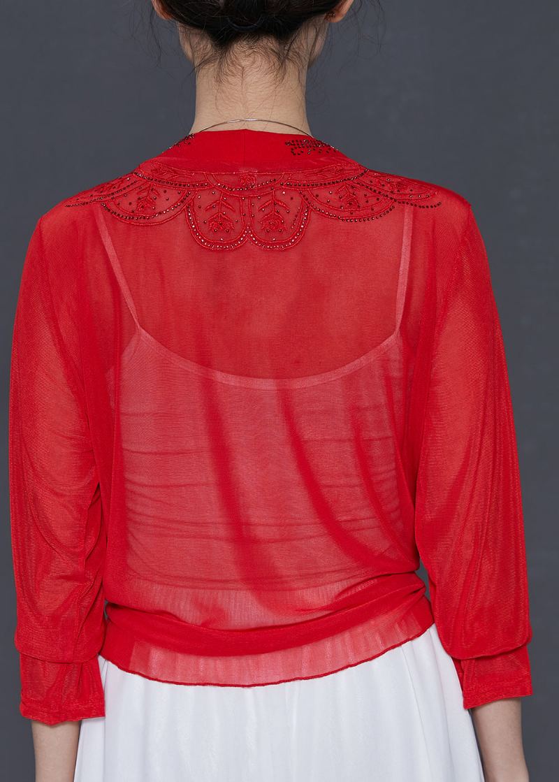 Cardigans En Mousseline De Soie Rouge Brodé Zircon Été - Cardigans femmes