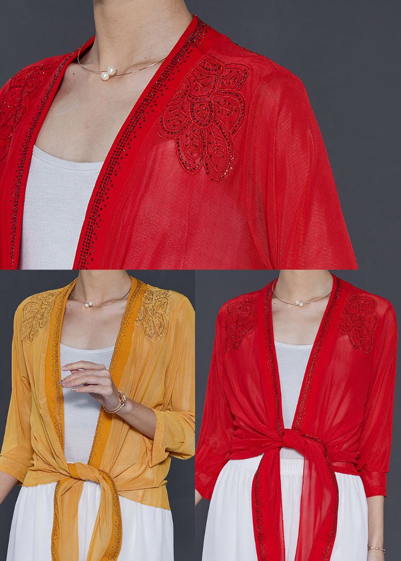 Cardigans En Mousseline De Soie Rouge Brodé Zircon Été - Cardigans femmes