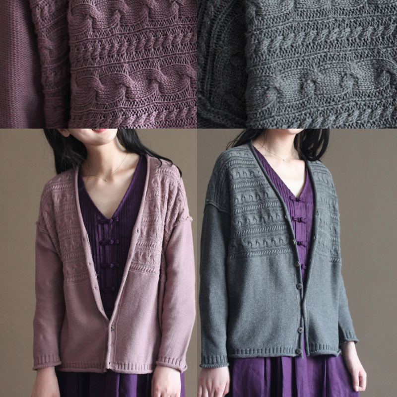 Cardigans Pull En Coton Vintage Rose Manches Longues Baggy Col En V Tricot Court Vêtements D'extérieur - Gris