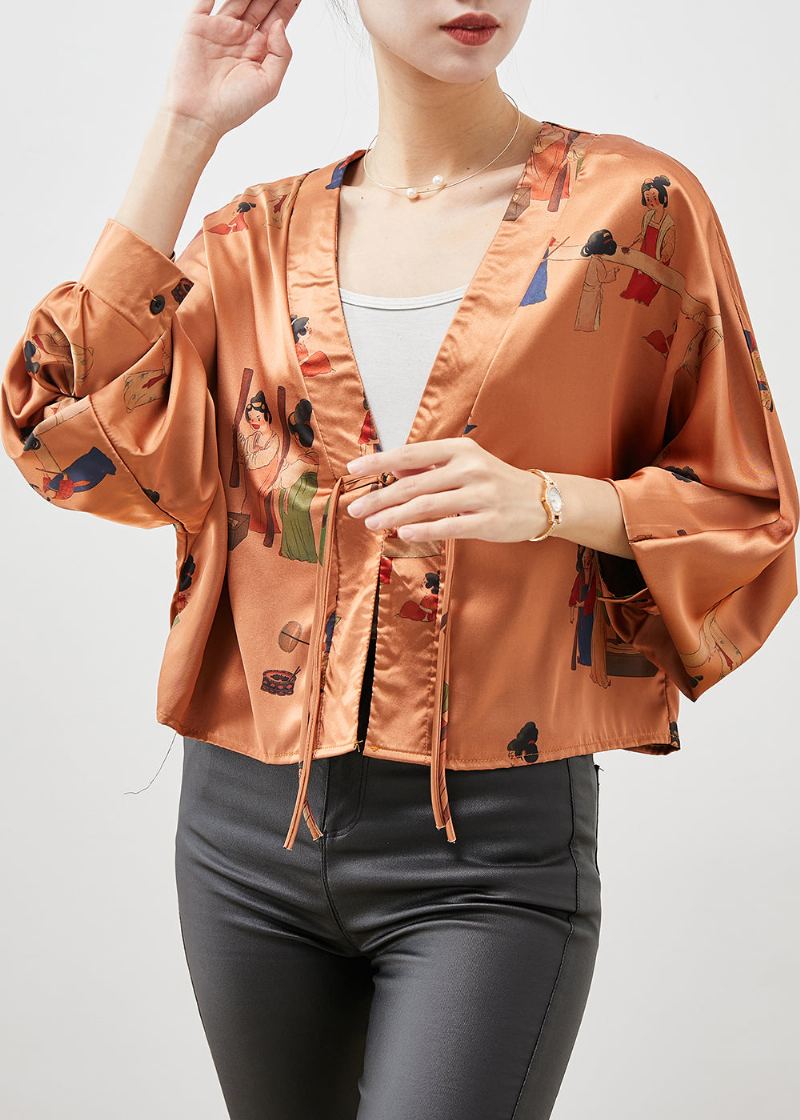 Cardigans En Soie Imprimés À Glands Orange Uniques Printemps - Cardigans femmes