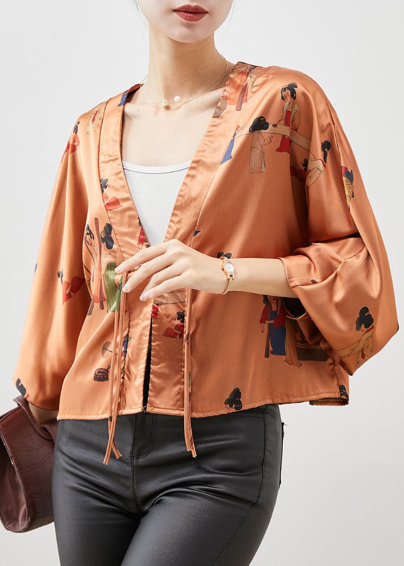 Cardigans En Soie Imprimés À Glands Orange Uniques Printemps - Cardigans femmes