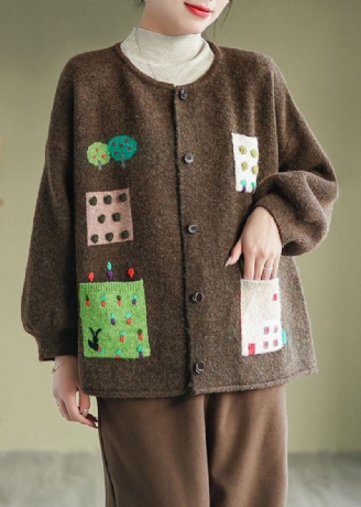 Cardigans En Tricot Avec Poches Café Patchwork Manteau Col Rond Bouton Automne