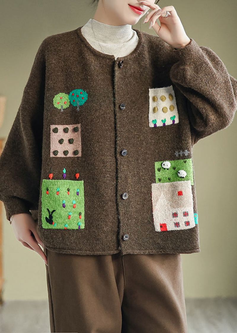 Cardigans En Tricot Avec Poches Café Patchwork Manteau Col Rond Bouton Automne - Cardigans femmes