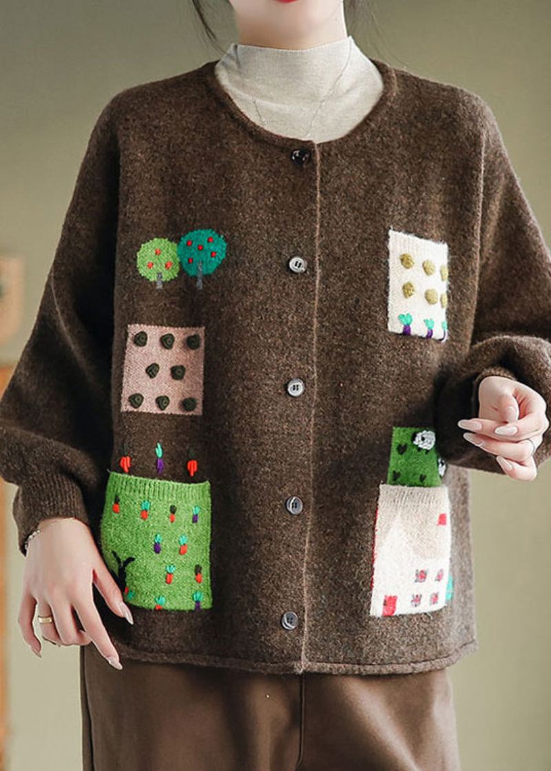 Cardigans En Tricot Avec Poches Café Patchwork Manteau Col Rond Bouton Automne - Cardigans femmes