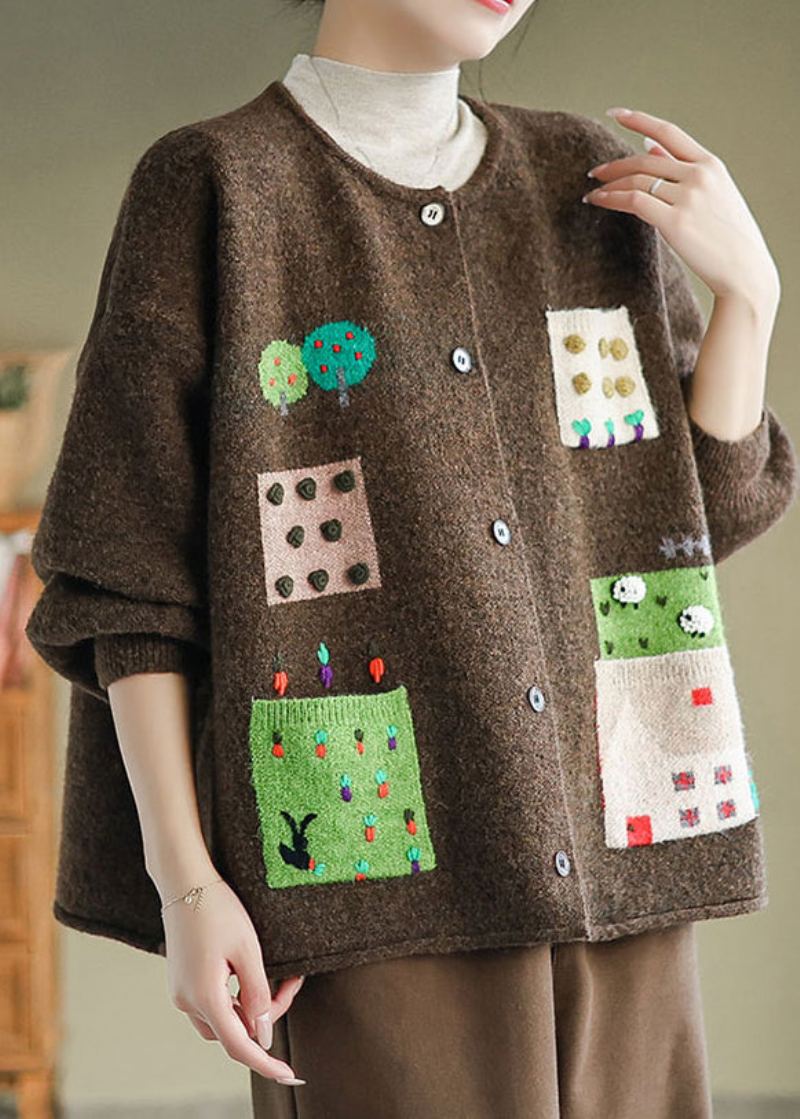 Cardigans En Tricot Avec Poches Café Patchwork Manteau Col Rond Bouton Automne - Cardigans femmes