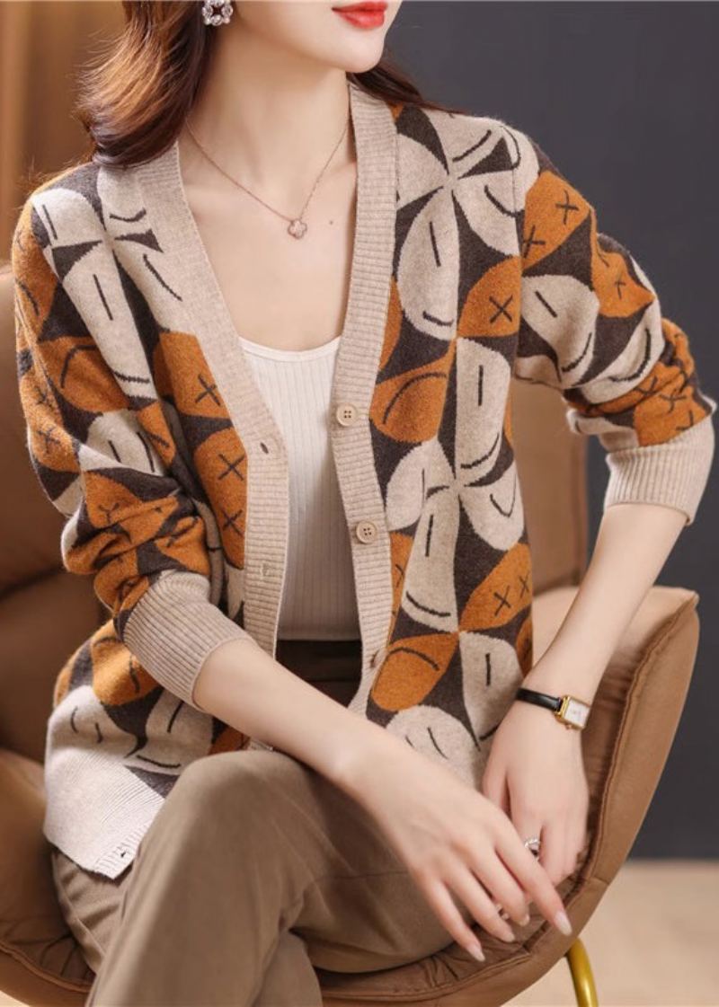 Cardigans En Tricot Beige Français Col En V Boutons Patchwork Automne