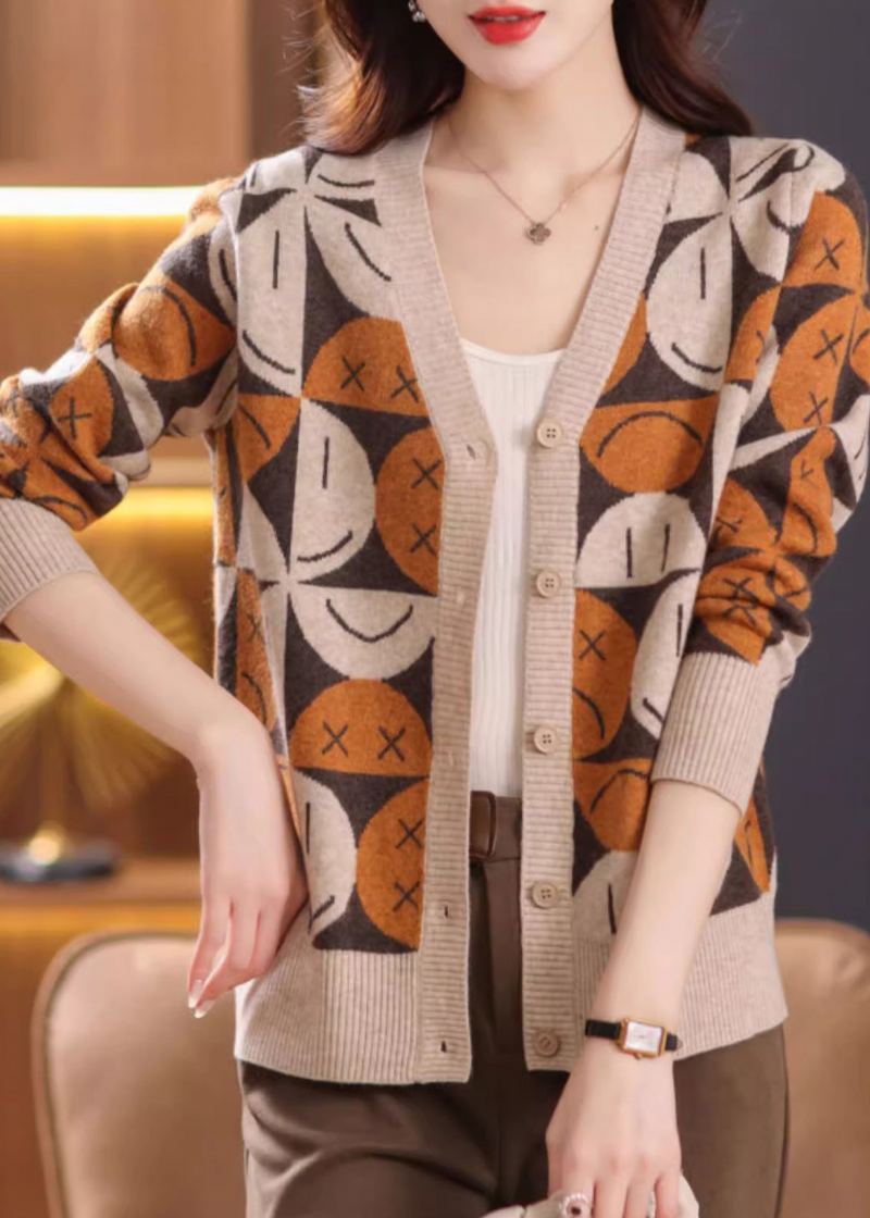 Cardigans En Tricot Beige Français Col En V Boutons Patchwork Automne - Cardigans femmes