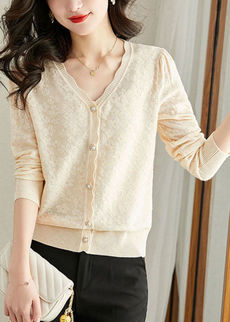 Cardigans En Tricot Beiges Amples À Col En V Et Manches Longues - Beige