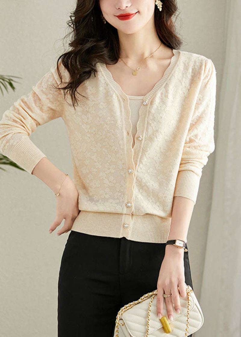 Cardigans En Tricot Beiges Amples À Col En V Et Manches Longues - Beige