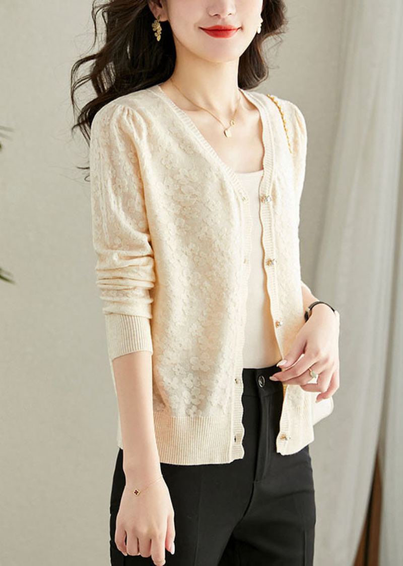 Cardigans En Tricot Beiges Amples À Col En V Et Manches Longues - Beige