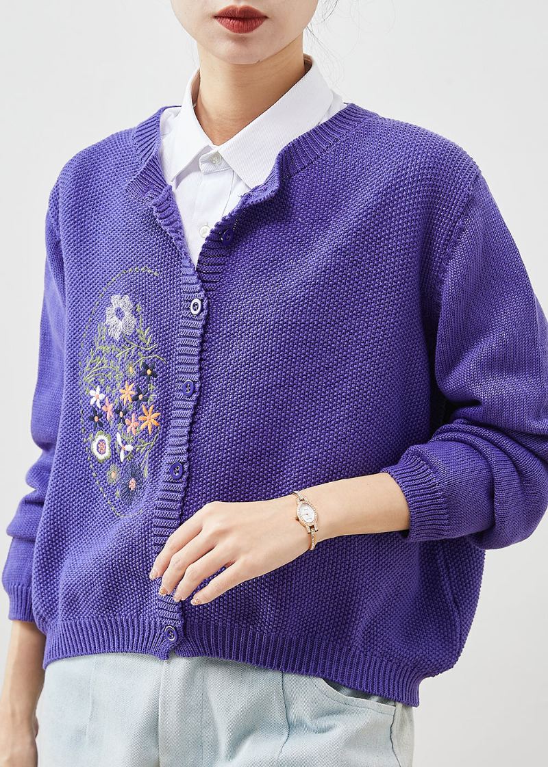 Cardigans En Tricot Brodés Violets Boho Printemps - Cardigans femmes