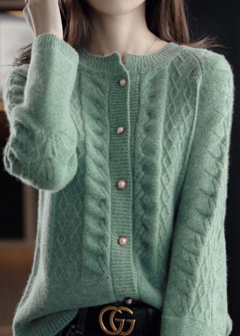 Cardigans En Tricot De Câble De Laine Chaude Verte Col Rond Bouton De Perle Hiver