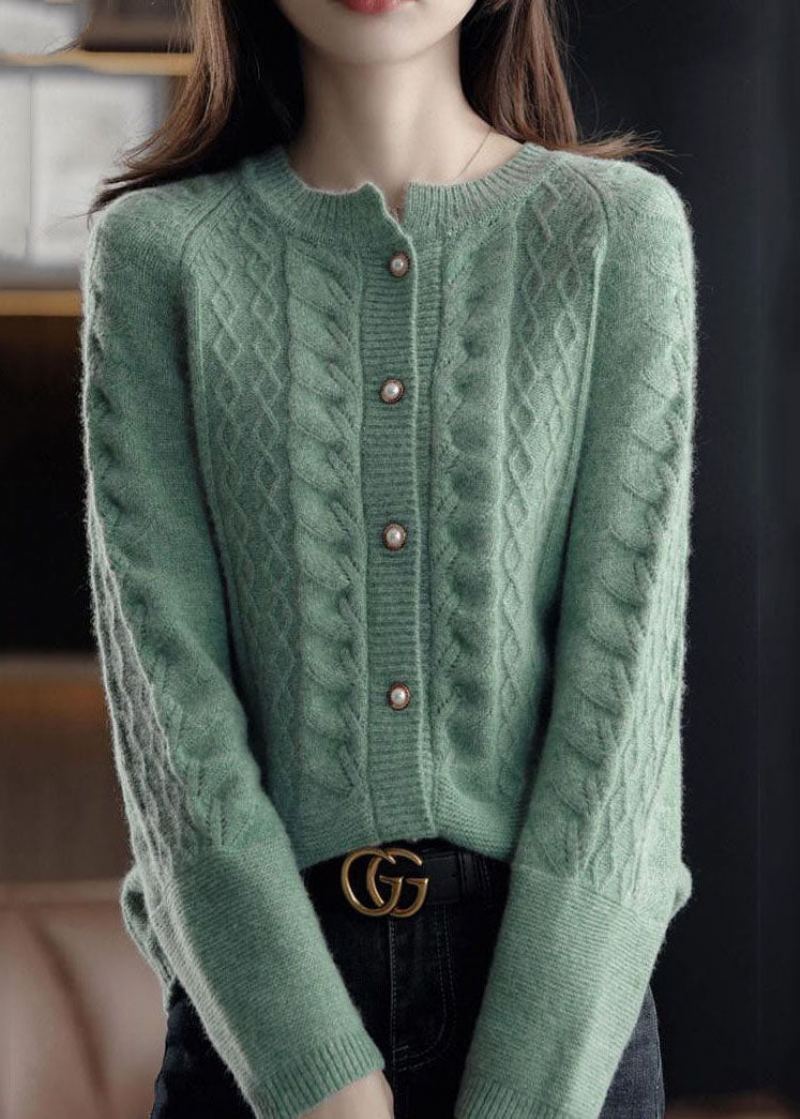 Cardigans En Tricot De Câble De Laine Chaude Verte Col Rond Bouton De Perle Hiver - Cardigans femmes