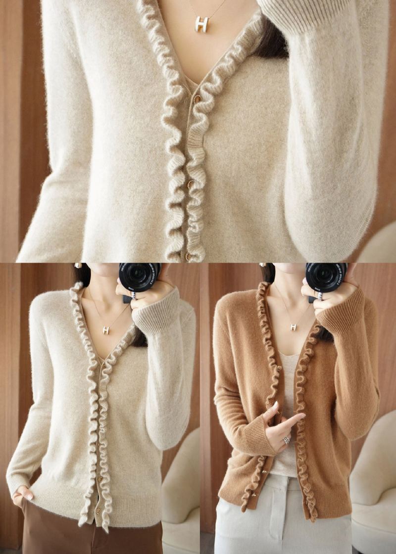 Cardigans En Tricot De Cachemire Épais Avec Boutons De Couleur Camel Beige Manches Longues - Couleur Beige Camel